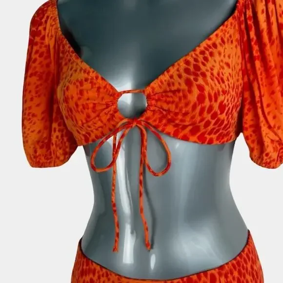 Motel Rocks Womens Two Piece Chelin Crop Top & Skirts Cheetah Tangerine Size XXS - Picture 2 of 11